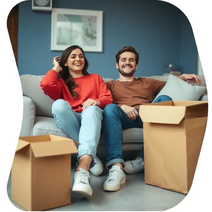 Two guys sitting on the floor of their apartment with Muval moving boxes