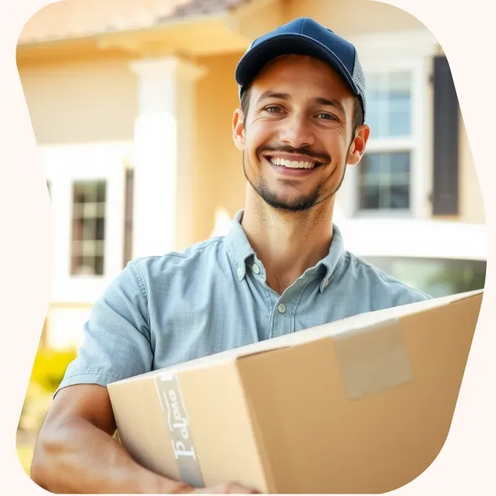 Two removalists moving boxes up stairs